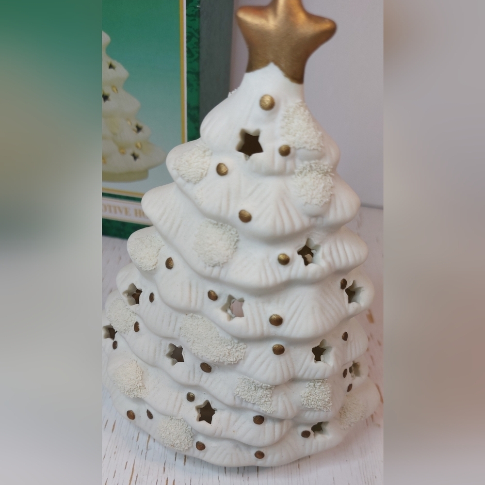 Vintage Matte Ceramic Christmas Tree Votive Holder White w Gold Star Decoration - Picture 10 of 11